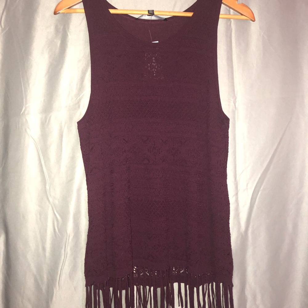 Maroon Crochet Tank Top with Fringe